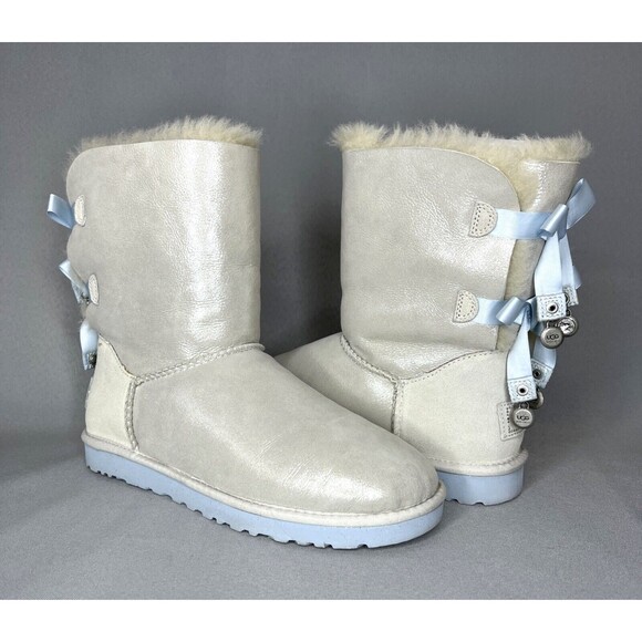 Women's 9 UGG Boots Bailey Bow I DO Crystal Shimmer White Silver Baby Blue RARE - Picture 14 of 16